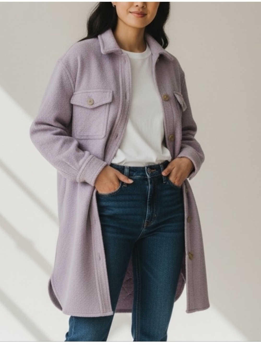 Wilfred Free Merino Wool Shirt Jacket Shacket Lilac Boiled Wool Utility Coat